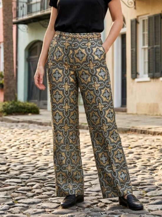 Vintage Pants - Vtg 70s metallic lurex mosaic trousers pants